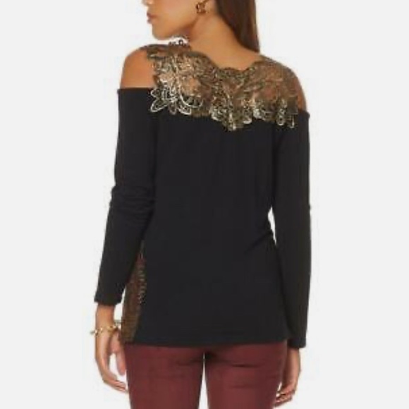 Joan Boyce Long Sleeve Open Shoulder Lace Top Camel - Picture 2 of 2